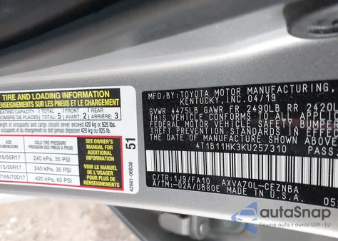 2019 Toyota Camry Le from USA, damaged, VIN 4T1B11HK3KU257310